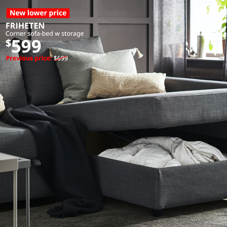 New lower price. FRIHETEN Corner sofa-bed with storage, Skiftebo dark grey
$599. Previous price: $699