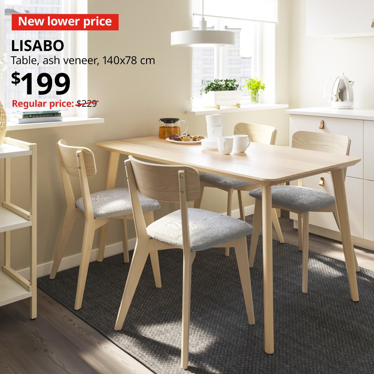 New lower price. LISABO table, ash veneer, 140x78 cm. $199. Price: $199. Regular price: $229