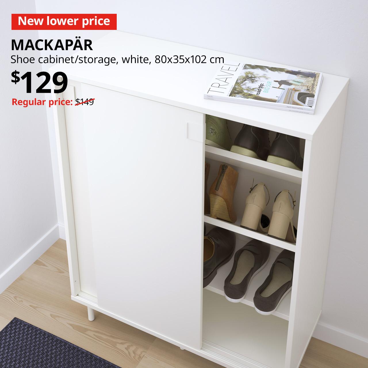 New lower price. Main entrance of the home features MACKAPÄR shoe cabinet/storage, white, 80x35x102 cm. Price: $129. Regular price: $149.