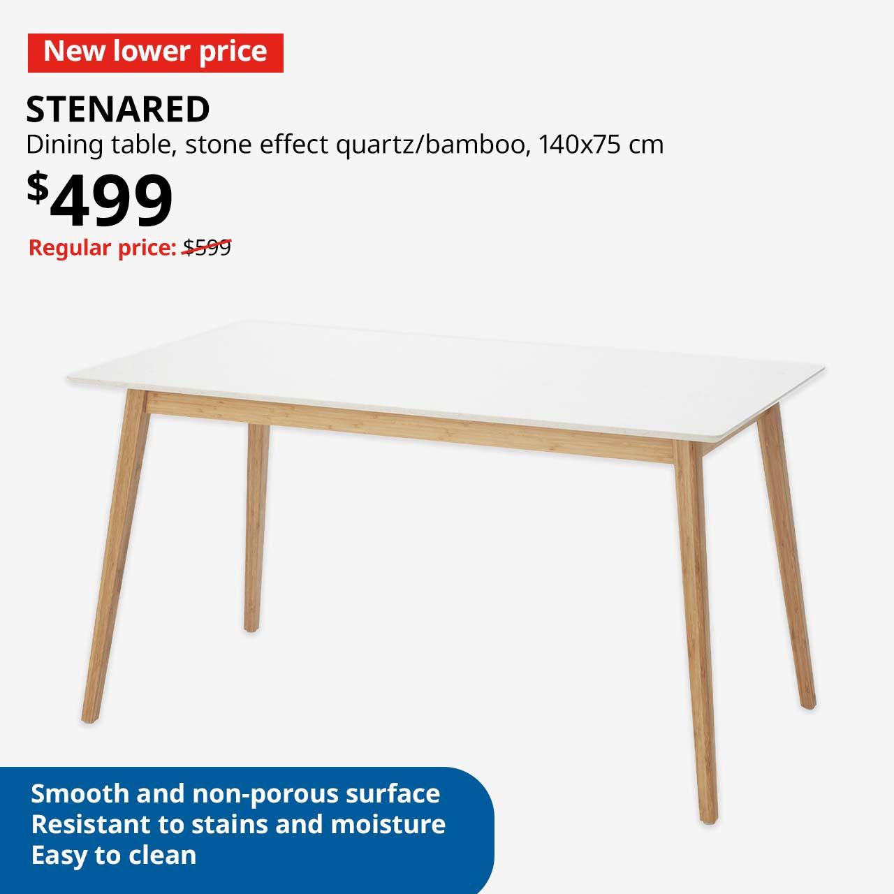 New lower price. Stone effect/quartz/bamboo, STENARED dining table, 140x75 cm. Price: $499. Regular price: $599.