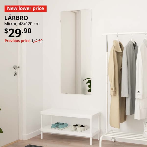 New lower price tag. LÄRBRO mirror, 48x120 cm, $29.90. Previous price: $42.90