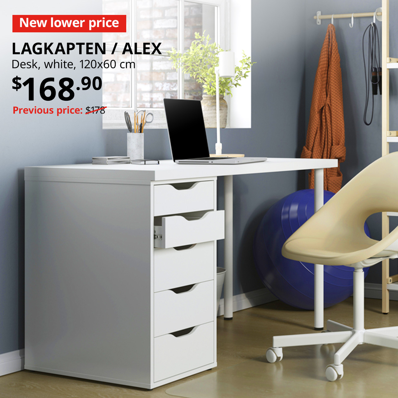 New lower price tag. LAGKAPTEN / ALEX desk, white, 120x60 cm. $168.90. Previous price: $178