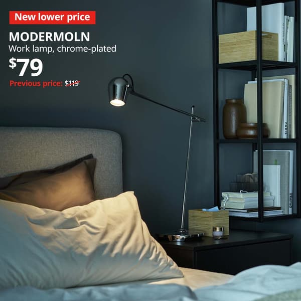 New lower price tag. MODERMOLN work lamp on bedside table in bedroom, chrome-plated, $79. Previous price: $119