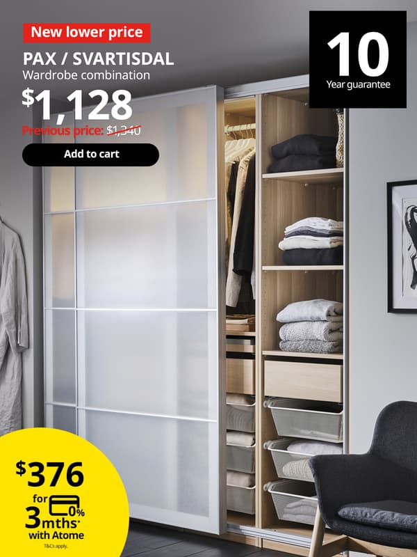 New lower price tag. PAX / SVARTISDAL wardrobe combination, white stained oak effect/white paper effect, 200x66x201 cm, $1,128. Previous price: $1,340