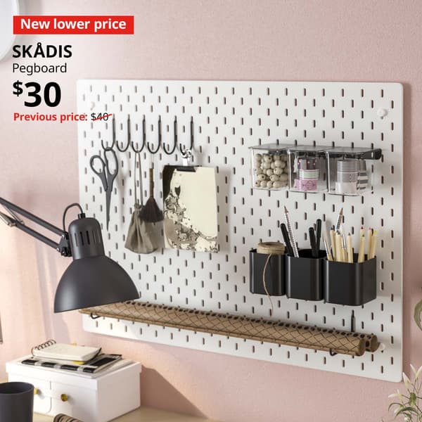 New lower price tag. SKÅDIS pegboard, white, 76x56 cm, $30. Previous price: $40