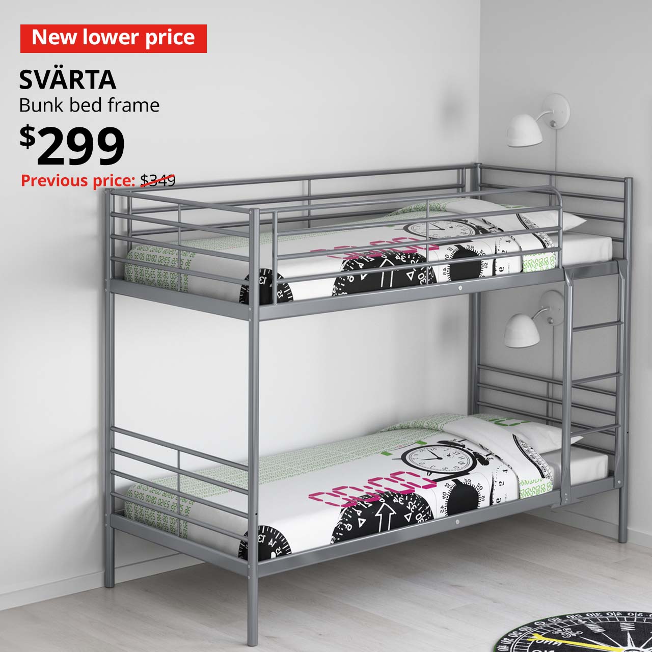 New lower price tag. SVÄRTA bunk bed frame in children's room, silver-colour, 90x200 cm, $299. Previous price: $349