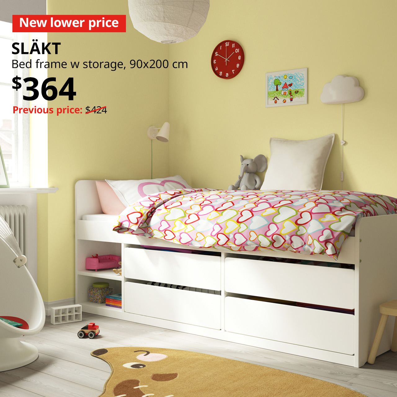 New lower price tag. White SLAKT bed frame w storage in children's room, 90x200 cm, $364. Previous price: $424