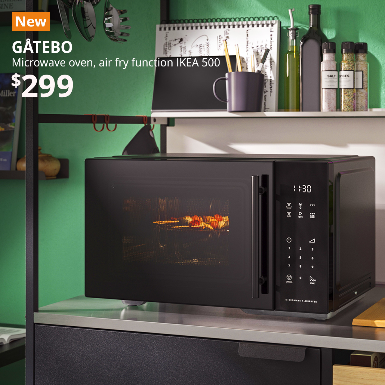 New product. GÅTEBO microwave oven, 16.10 kg, with air fry function IKEA 500/black in IKEA METOD kitchen. Price: $299