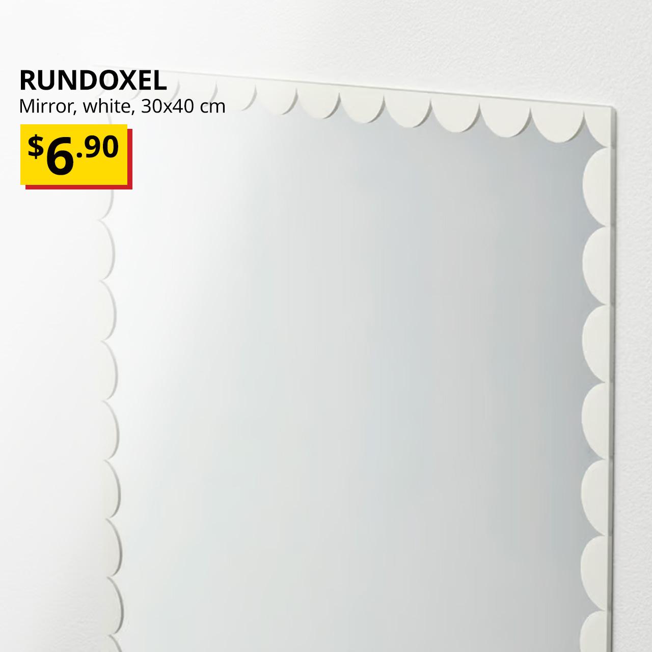 New product. RUNDOXEL mirror, white, 30x40 cm, $6.90.
