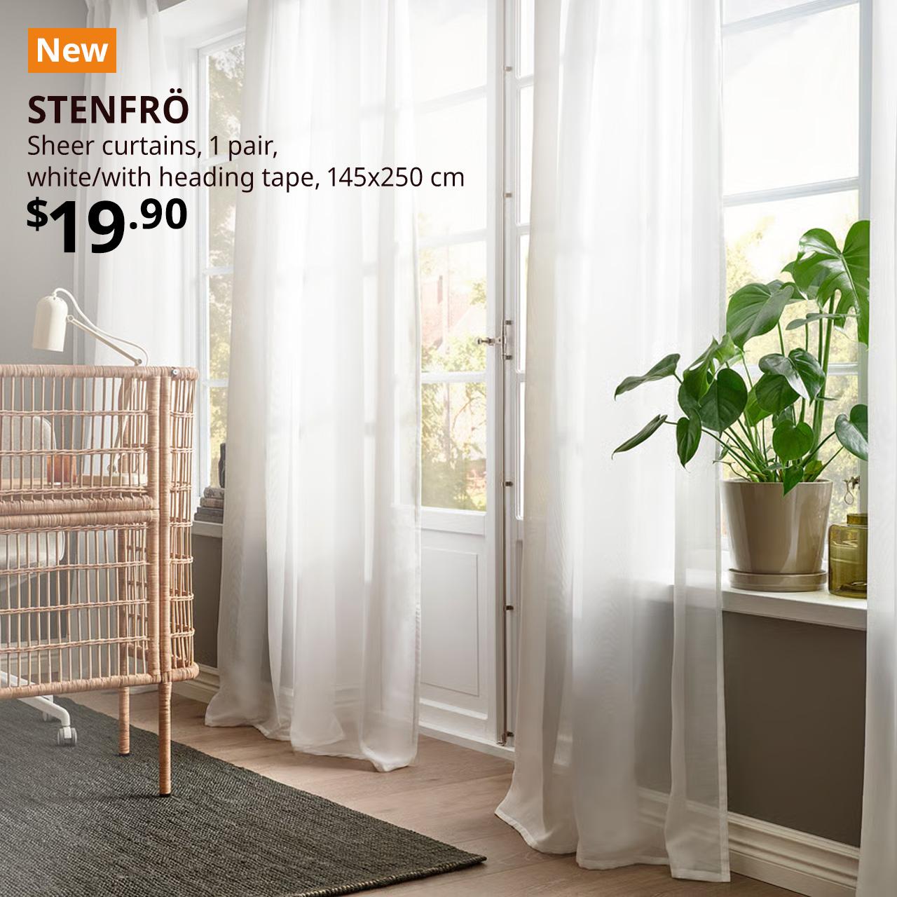 New product. STENFRÖ Sheer curtains, 1 pair, white/with heading tape, 145x250 cm. $19.90