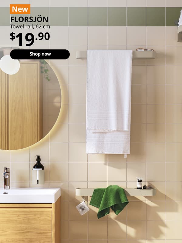 NEW product tag. Beige FLORSJON towel rail mounted to bathroom wall with a white BROGKLIM bath towel hanging over the rail. $19.90. Shop now.