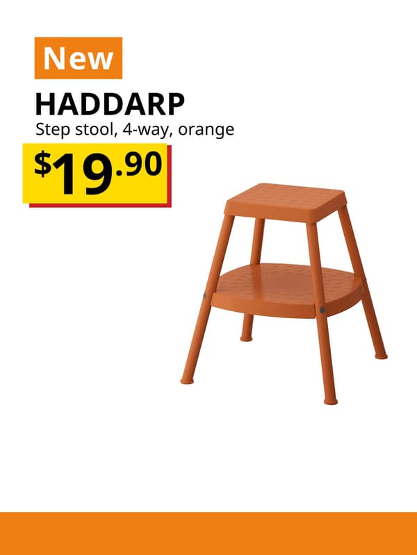 NEW product tag. HADDARP orange step-stool, $19.90.