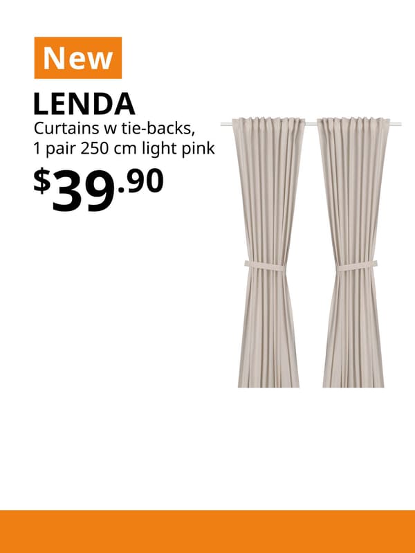 NEW product tag. Light pink LENDA curtains with tie-backs, 1 pair, $39.90.