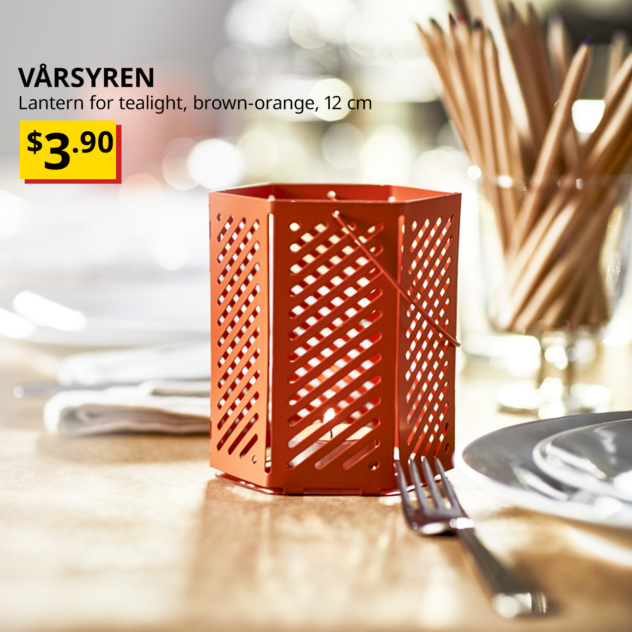 New product. VÅRSYREN lantern for tealight, brown-orange, 12 cm, $3.90.
