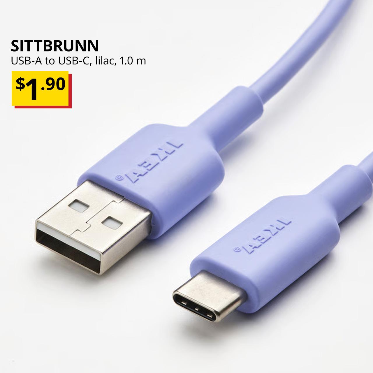 New. SITTBRUNN USB-A to USB-C, lilac, 1.0 m, $1.90