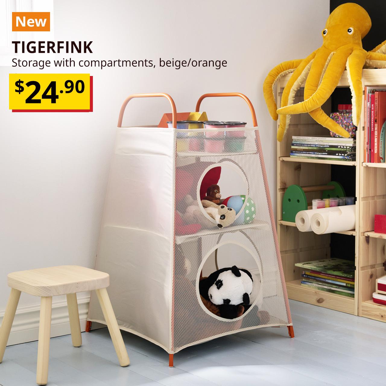 New tag. Beige/orange TIGERFINK storage with compartments with handles in children's room, filled with DJUNGELSKOG and SANDLOPARE soft toys and MALA arts and crafts.