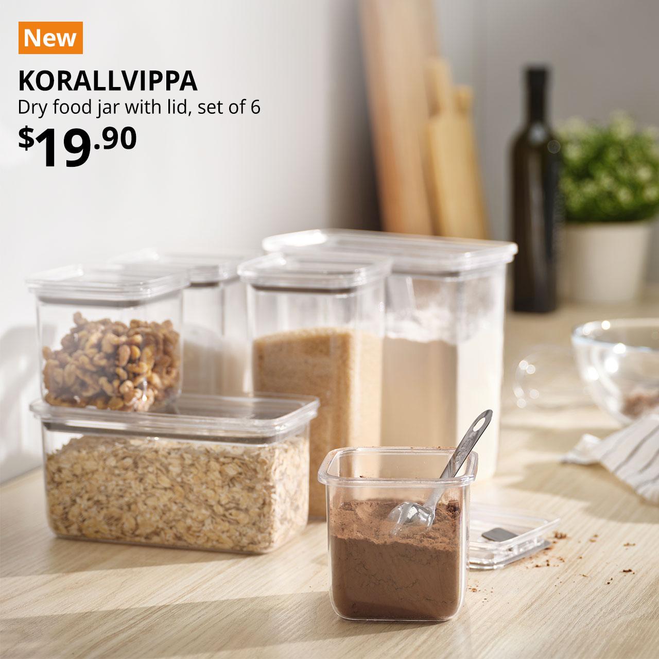 NEW tag. KORALLVIPPA dry food jar with lid in various sizes. Text on image reads "KORALLVIPPA, Dry food jar with lid, set of 6" Price: $19.90.