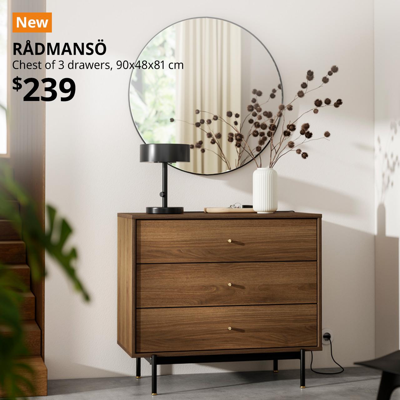 New tag. RÅDMANSÖ Chest of 3 drawers, brown walnut effect, 90x48x81 cm. Price: $239