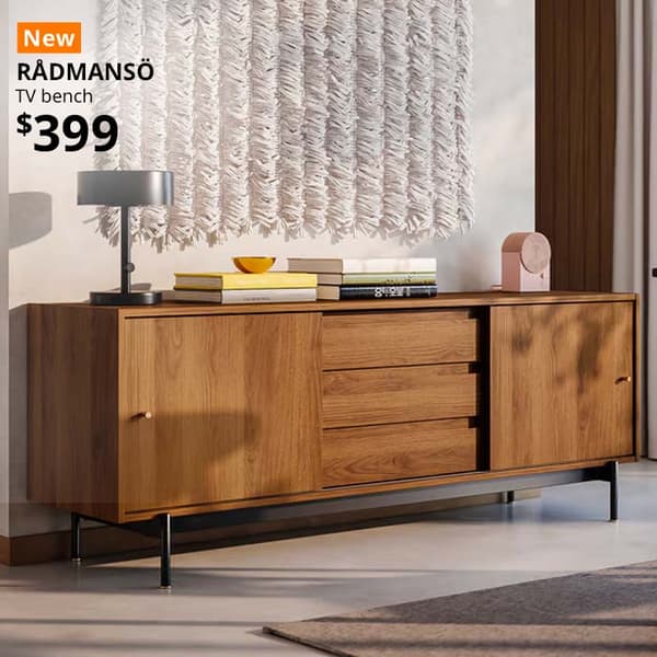 New tag. RÅDMANSÖ TV bench, brown walnut effect, 176x48x66 cm. Price: $399