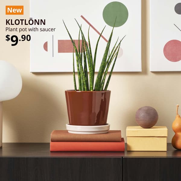 NEW tag. Snake plant is place inside a KLOTLÖNN plant pot with saucer, in/outdoor/red/brown light beige, 12 cm. Price: $9.90