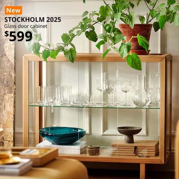 New tag. STOCKHOLM 2025, glass-door cabinet, oak veneer, 100x40x86 cm. Price: $599