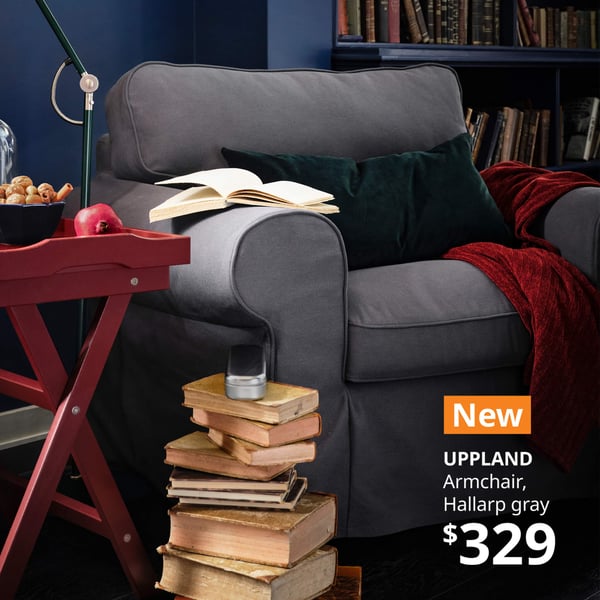 New UPPLAND Armchair, Hallarp gray, $329. Grey UPPLAND armchair with sustainable slip cover in a living room. 