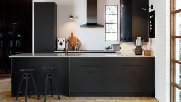 NICKEBO doors and drawer fronts in matte anthracite, a SYMFONISK speaker lamp with Wi-Fi and VINSTGIVANDE extractor hood.