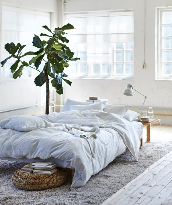 Niskie łóżko z białą pościelą na beżowym dywanie na środku białego pokoju.