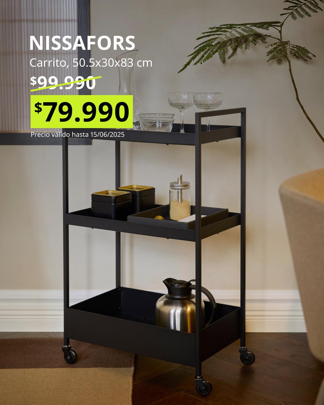 NISSAFORS carrito auxiliar negro con 3 niveles 50.5x30x83 cm, estructura metálica con ruedas