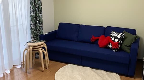 濃紺のソファにクッションが並んでいる。