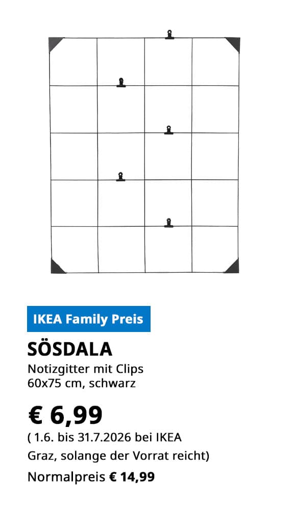 Notitgitter mit Clips Sösdala, 60x75xm, schwart, statt € 14,99 zum IKEA Family Preis von € 6,99.