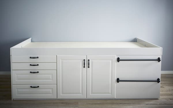Now you can put on all of your fronts, shelves, drawers and handles.