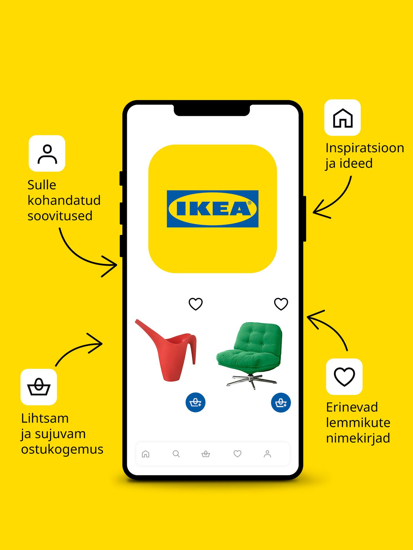 Nutitelefon, mille ekraanil on IKEA äpi ikoon, punane kastekann ja roheline tugitool, erkkollasel taustal. Selle kõrval on neli noolt järgmiste tekstidega: Sujuvam ostlemine vaid mõne klikiga, Nutikamad lemmiktoodete nimekirjad, Isikupärastatud soovitused, Inspiratsioon sinu käeulatuses.