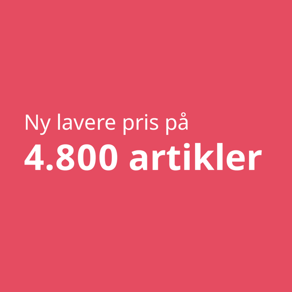 Ny lavere pris på 4.804 artikler står med hvid skrift på en rød baggrund.