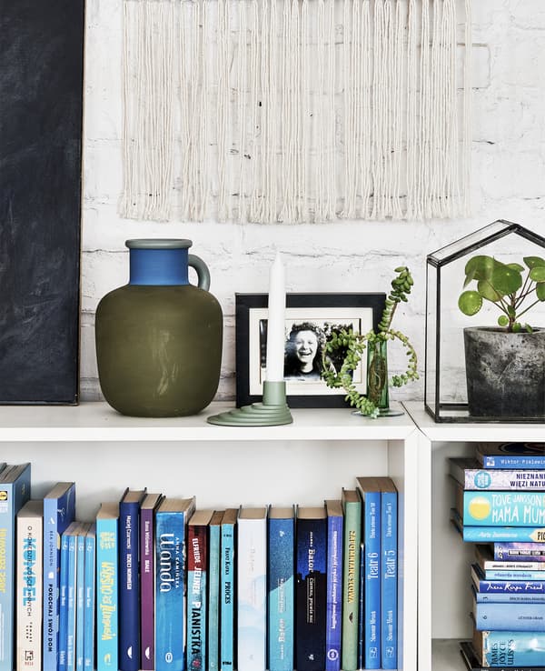 Objets décoratifs au-dessus d’une bibliothèque.