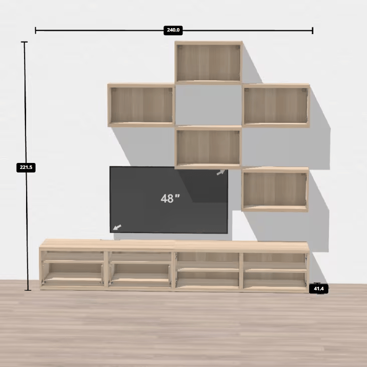 Obrázek návrhu úložného řešení s TV stolkem BESTÅ.