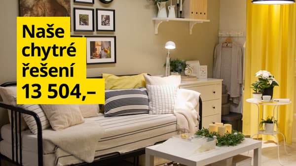 Obývací pokoj, kterou si oblíbí i vaši hosté v bílo-žluté barevné kombinaci s rozkládací pohovkou, stolkem a úložným prostorem.