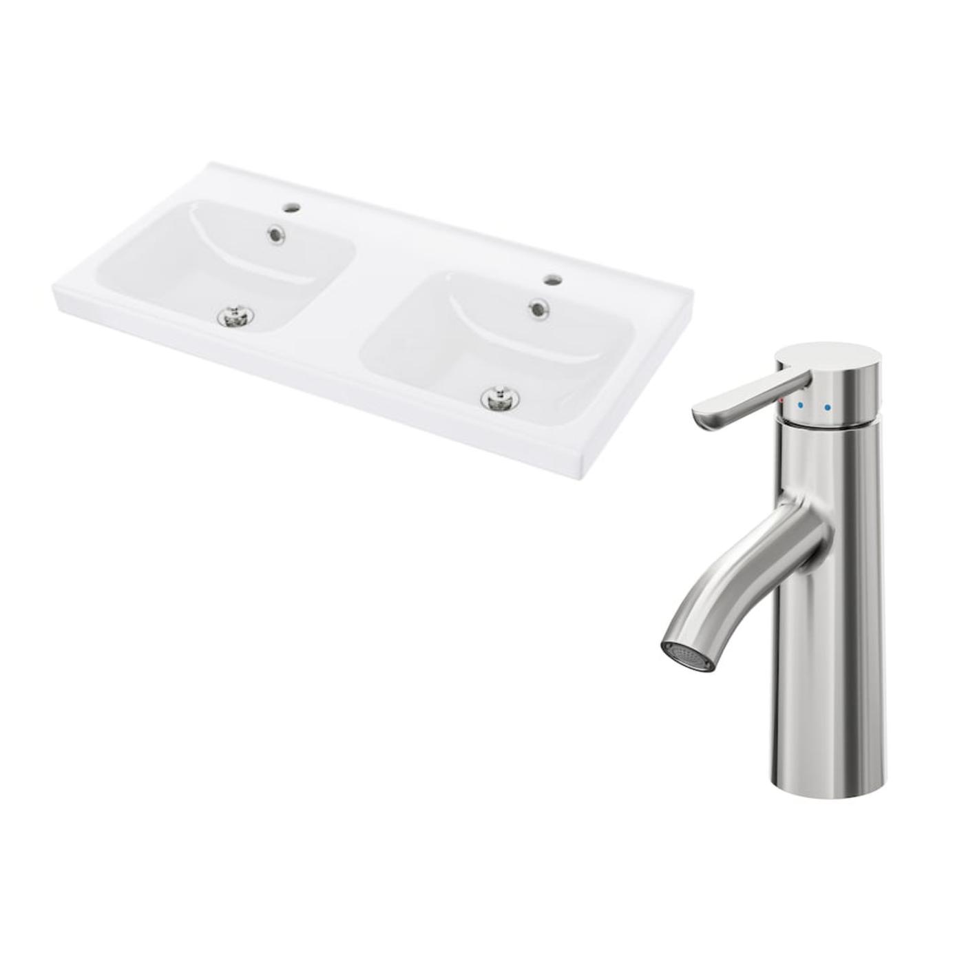 ODENSVIK double wash sink and DALSKÄR wash sink mixer tap with strainer in stainless steel color.