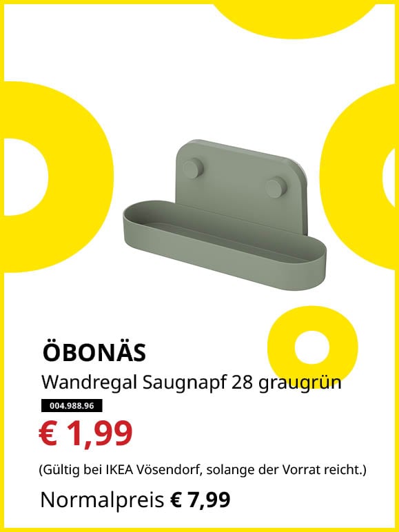 ÖBONÄS Wandregal Saugnapf 28cm graugrün statt € 7,99 zum Knut Preis von € 1,99