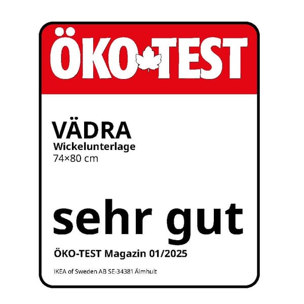 Öko Test Siegel für VÄDRA Wickelunterlage mit der Bewertung sehr gut.
