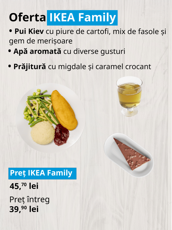 Ofertă IKEA Family: pui Kiev cu piure de cartofi, apă aromată și prăjitură cu migdale. Preț: 39,70 lei. Valabil 01.08–31.08.2025 sau în limita stocului.
