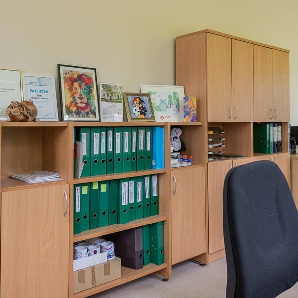 Office storage cabinets with folders, framed artwork and documents in a professional workspace