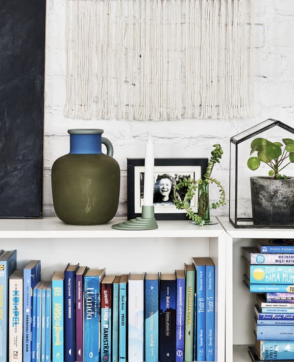 Oggetti ornamentali sul ripiano di una libreria.