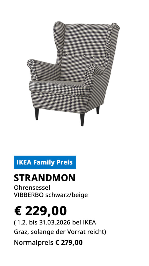 Ohrensessel Strandmon, Bezug Vibberbo schwarz beige, statt € 279 zum IKEA Family Preis von € 229.