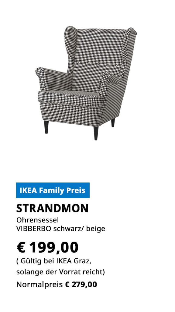 Ohrensessel Strandmon, VIBBERBO schwarz/beige, statt € 279 zum IKEA FAMILY Preis von € 199.