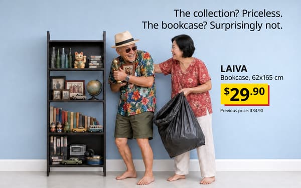 Older couple laughing beside a LAIVA bookcase filled with books, collectibles and treasured keepsakes.