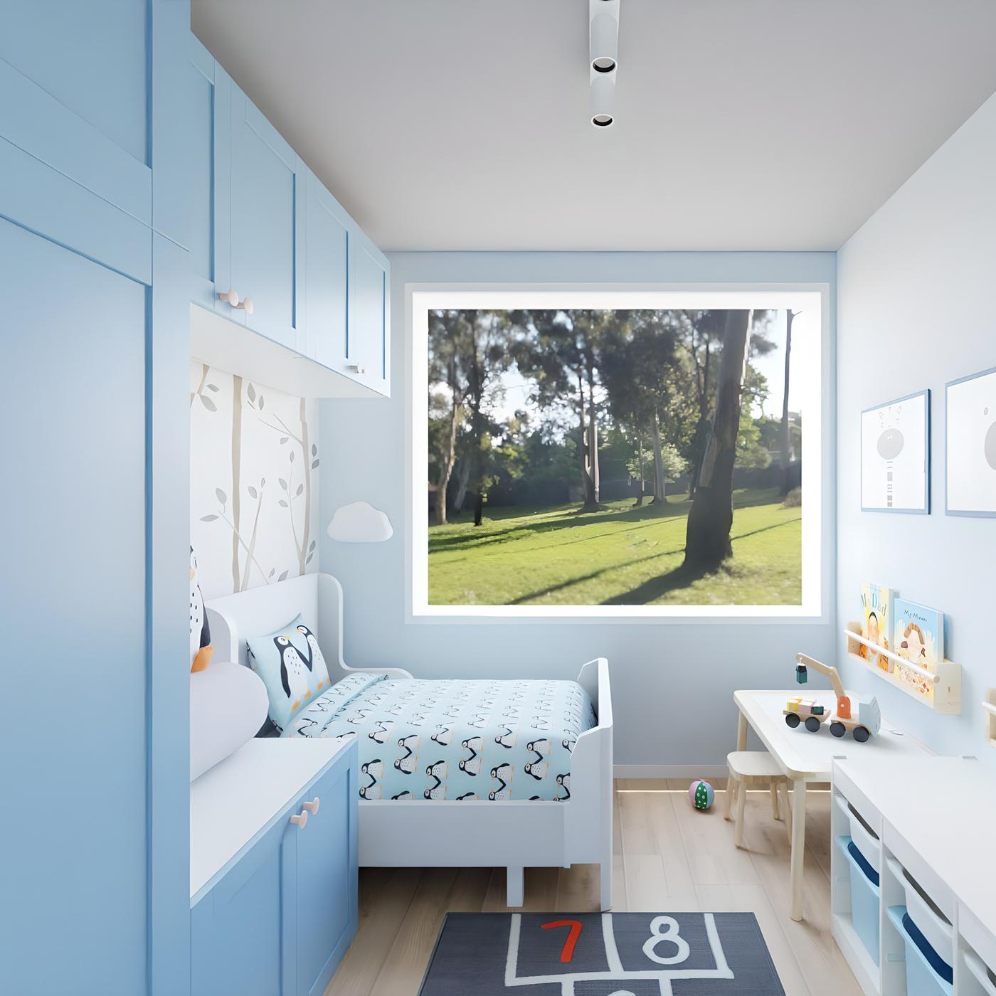 Omare in postelja, na desni rešitev za shranjevanje