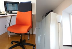 （左）お気に入りの椅子。（右）収納は PAX/パックス。