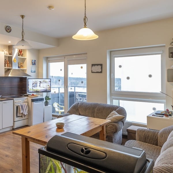Open-plan living room with kitchen, dining table, and large windows.