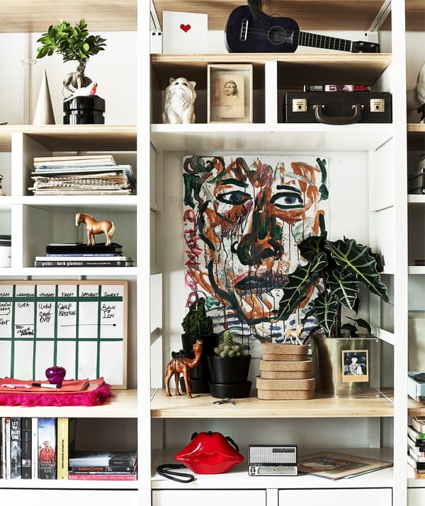 Open storage units containing pictures, files and personal ornaments.